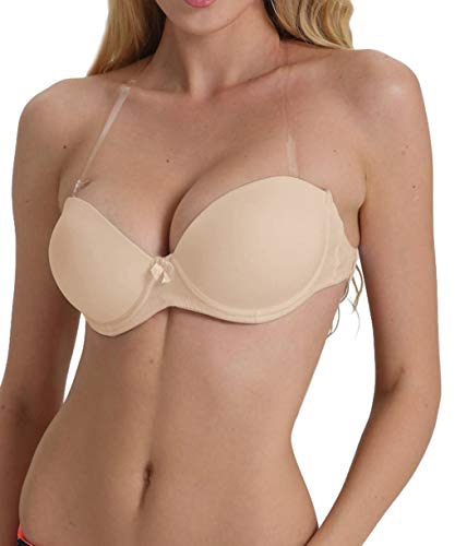 Trägerloser BH mit durchsichtigem Rücken, unsichtbarer Riemen, Push-Up, gepolsterter Bügel, rückenfrei, Neckholder, Bralette, Beige, 70C von YANDW