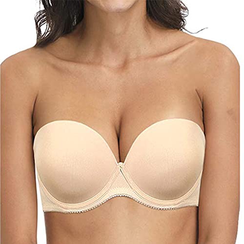 YANDW BH Trägerlos Damen Stark Gepolstert Push up Cabrio Trägerloser Halt Multiway Bügel T-Shirt BHS - Beige, Size: 70A von YANDW