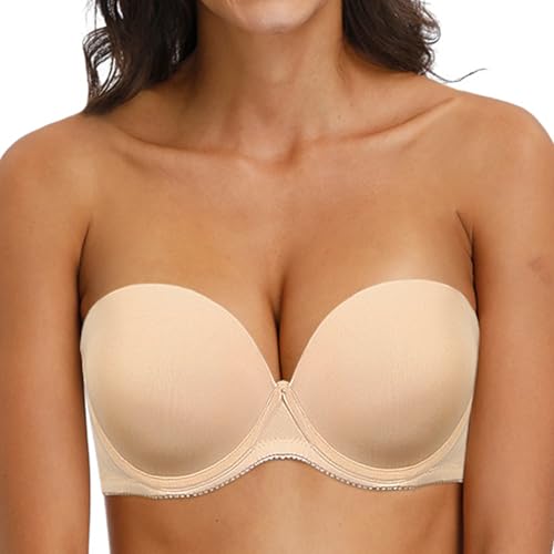 YANDW BH Trägerlos Damen Stark Gepolstert Push up Cabrio Trägerloser Halt Multiway Bügel T-Shirt BHS - Beige, Size: 75A von YANDW