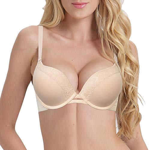 YANDW Damen Push Up Bügel Super Dick Gepolsterte Verstellbare Träger Plunge Lace Sexy T-Shirt BH Beige,90C von YANDW