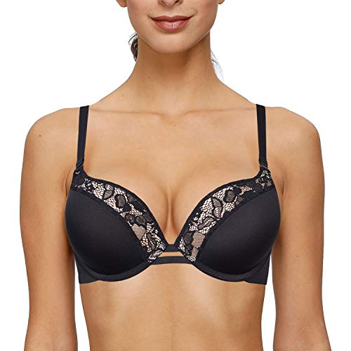 YANDW Damen Push Up Bügel Super Dick Gepolsterte Verstellbare Träger Plunge Lace Sexy T-Shirt BH Schwarz,90A von YANDW