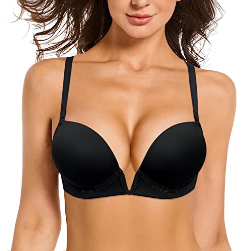 YANDW Damen Tief V-Ausschnitt Gepolstert Push up BH Convertible Plunge mit transparenten Trägern Add 2 Cup BHS Schwarz,75D von YANDW