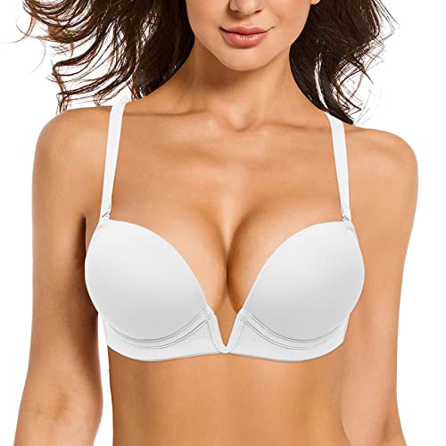 YANDW Damen Tief V-Ausschnitt Gepolstert Push up BH Convertible Plunge mit transparenten Trägern Add 2 Cup BHS Weiß,75A von YANDW