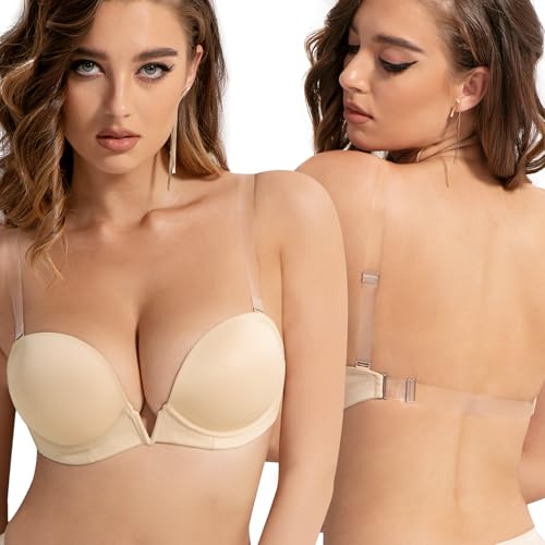 YANDW Damen Tief V Push Up BH Rückenfrei mit Rücken Transparent and Trägern Niedrigem Rücken Plunge Gepolsterter Bügel BHS 32A Nude von YANDW