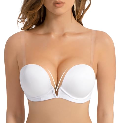 YANDW Damen Tief V Push Up BH Rückenfrei mit Rücken Transparent and Trägern Niedrigem Rücken Plunge Gepolsterter Bügel BHS 34A Weiß von YANDW