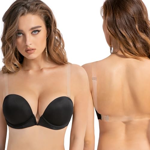 YANDW Damen Tief V Push Up BH Rückenfrei mit Rücken Transparent and Trägern Niedrigem Rücken Plunge Gepolsterter Bügel BHS 34C Schwarz von YANDW
