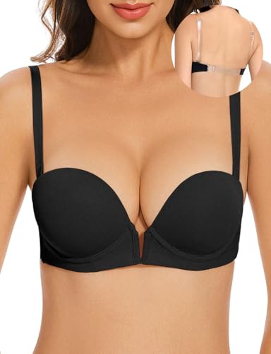 YANDW Damen Tief V Push Up BH Rückenfrei mit Rücken Transparent and Trägern Niedrigem Rücken Plunge Gepolsterter Bügel BHS 34E Schwarz von YANDW