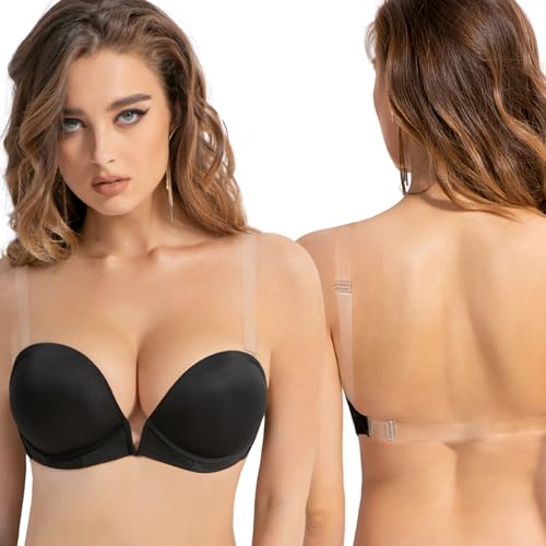 YANDW Damen Tief V Push Up BH Rückenfrei mit Rücken Transparent and Trägern Niedrigem Rücken Plunge Gepolsterter Bügel BHS 40D Schwarz von YANDW
