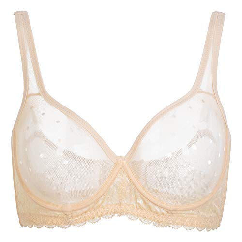 YANDW Durchsichtiger Transparente Spitze Mesh Ungefütterter BH Volle Abdeckung Plus Size Bralette Sexy Bügel Minimizer Unlined BHS Beige, 100A von YANDW