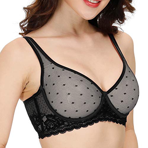 YANDW Durchsichtiger Transparente Spitze Mesh Ungefütterter BH Volle Abdeckung Plus Size Bralette Sexy Bügel Minimizer Unlined BHS Schwarz, 85DDD von YANDW