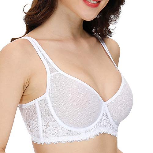 YANDW Durchsichtiger Transparente Spitze Mesh Ungefütterter BH Volle Abdeckung Plus Size Bralette Sexy Bügel Minimizer Unlined BHS Weiß, 100A von YANDW