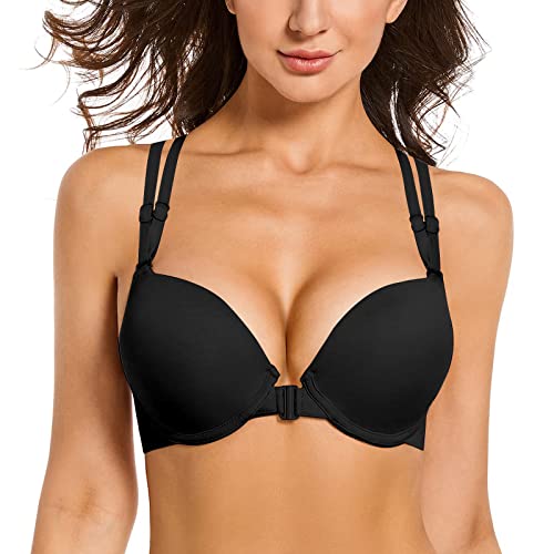 YANDW Nahtloser Vorderverschluss BH Criss Cross Rücken Racerback Add 2 Cup Gepolsterter Push Up BHS Schwarz，36E von YANDW