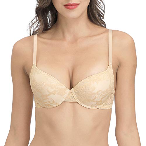 YANDW Push Up BH für Damen Demi Cup Gepolsterte Bügel Unterstützend Größe hinzufügen BHS Spitze Everyday Comfort Nude 100A von YANDW