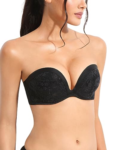YANDW Push Up Trägerloser BH Floraler Spitze Gepolsterter Add 2 Schalen Multiway mit Transparenten Trägern Bügel Trägerlos BHS Schwarz 36C von YANDW