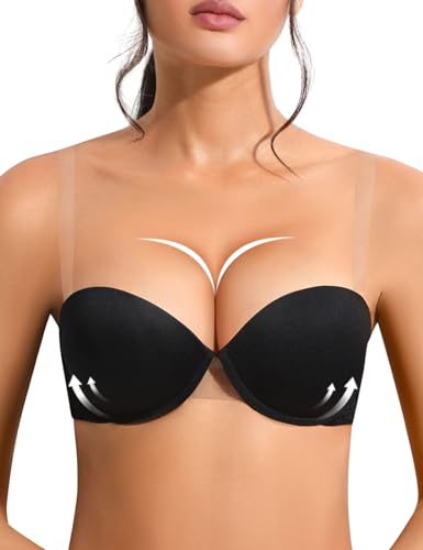 YANDW Push Up Trägerloser BH Multiway Super Gepolsterter Add 2 Cup Unterstützung mit Transparenten Trägern Bügel Spitze Demi BHS Schwarz 36C von YANDW