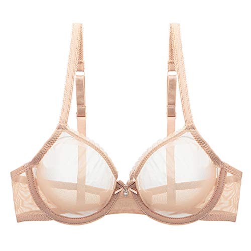 YANDW Sexy Durchsichtiger Nicht-Wattierter BHS Ungefüttert Bügel Spitze Mesh Ultra Dünner transparenter Bralette Beige, 75D von YANDW