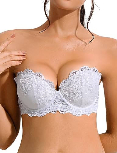 YANDW Trägerloser Stark Gepolsterter Push Up Spitzen BH mit Multiway Transparenten Trägern Trägerlos Damen Balconette BHS Weiß,32B von YANDW