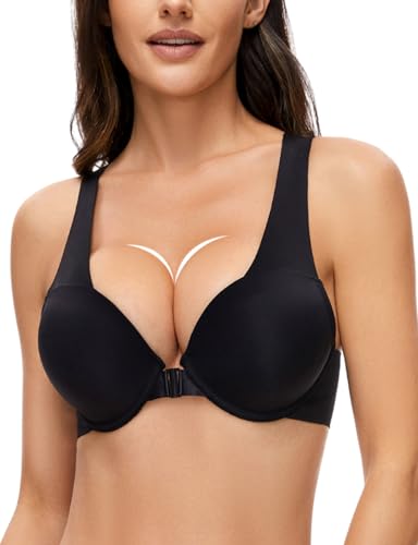 YANDW Vorderverschluss Racerback Push Up BH T Rücken Nahtloser Add 2 Cup Gepolsterter Damen BHS Nude 40C von YANDW