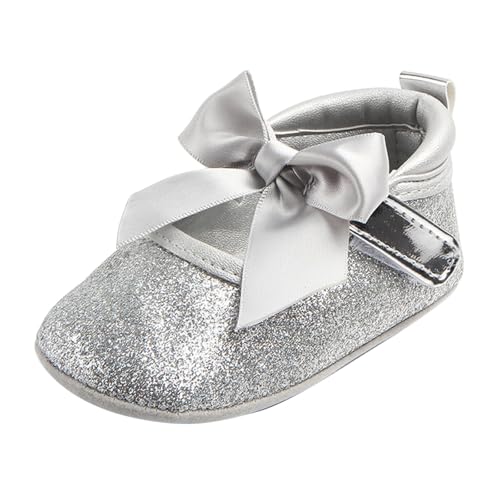 YANFJHV Baby Spring Summer And Autumn Shiny Shoes Bow Baby Shoes Soft Bottom Non Slip Single Schuhe Babyschuhe Trage (Silver, 13 Infant) von YANFJHV