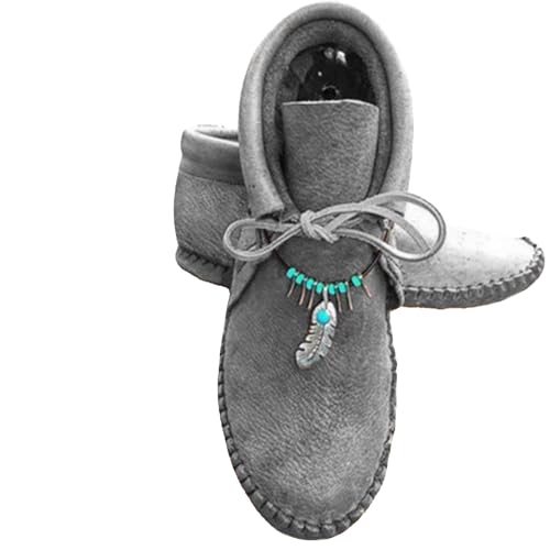 YANFJHV Damen-, lässig, warm, zum Schnüren, kurze Stiefeletten, flache Lederschuhe Schuhe Damen Winter Boots (Grey, 38) von YANFJHV