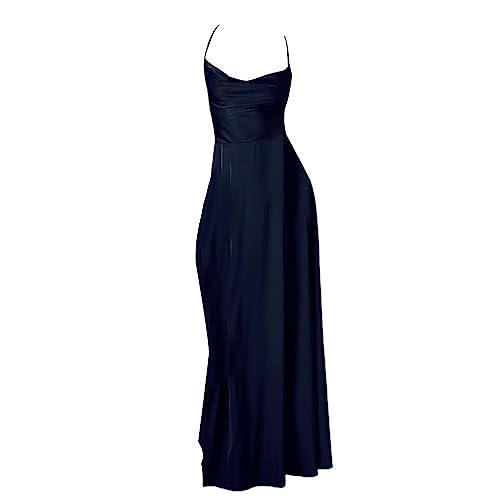 YANFJHV Lässiges Sommer-Tanktop für Damen, ärmellos, Knielang, Plissee-Tankkleid Etuikleid Damen (Navy, S) von YANFJHV