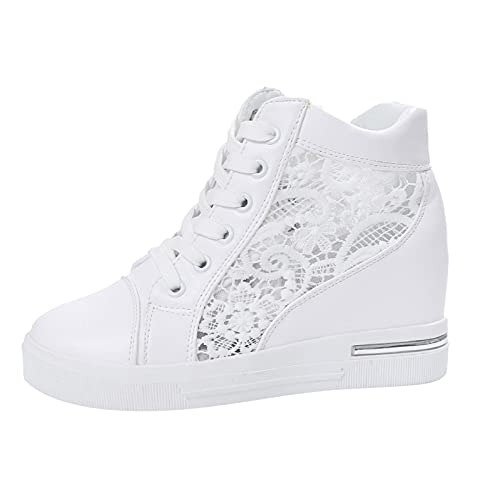YANFJHV Plateau Sneaker Damen Weiß, Hochzeit Schuhe Plateauschuhe mit Keilabsatz Freizeitschuhe Flache Schuhe Spitze Aushöhlen Turnschuhe Damenschuhe Elegant Atmungsaktiv Hochzeitsschuhe von YANFJHV
