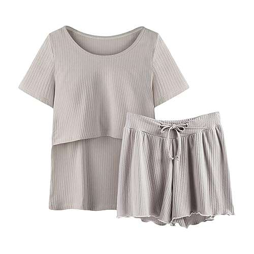 YANFJHV Pyjamas Ärmel Nachtwäsche Stillen Frauen Hemd und Set T Baby Mutterschaft Tops Kurze Hosen Mutterschaft Schlaf Wochenbett (Grey, M) von YANFJHV