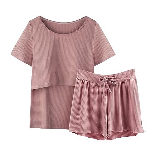 YANFJHV Pyjamas Ärmel Nachtwäsche Stillen Frauen Hemd und Set T Baby Mutterschaft Tops Kurze Hosen Mutterschaft Schlaf Wochenbett (Watermelon Red, XXXL) von YANFJHV