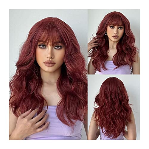 Perücke Damen Dunkelrote Perücken mit Pony Langwellige lockige Synthetikperücke for Frauen Natürliche atmungsaktive hitzebeständige Faserperücken mit Pony for den täglichen Party-Cosplay-Einsatz Perru von YANG11FAN
