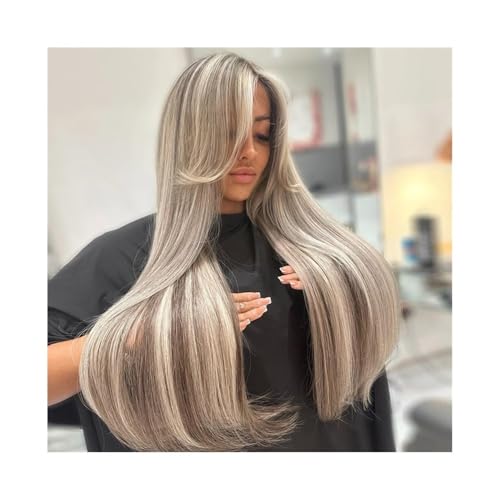 Perücke Damen Gerade 13 x 6 Aschbraun Highlight Lace Front Perücke Echthaar Transparent Lace Frontal Perücke Perrücke Frauen(36inches) von YANG11FAN
