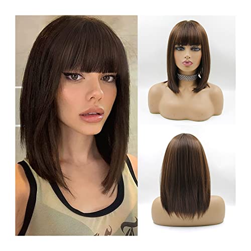 Perücke Damen Kurze gerade Bob-Perücken mit Pony Ombre Brown Bob synthetische Perücke for Frauen 150% Dichte natürliche hitzebeständige Faserperücken for die tägliche Cosplay-Party Perrücke Frauen von YANG11FAN