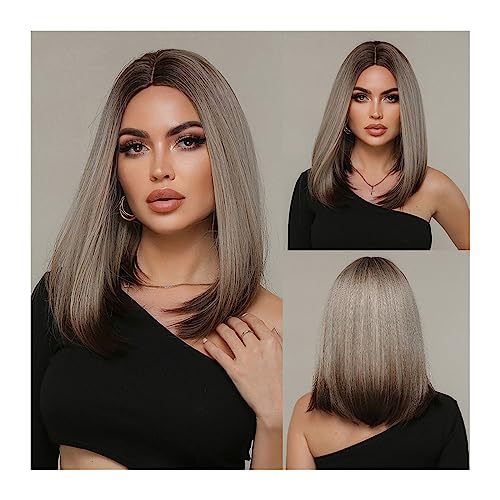Perücke Damen Lange gerade synthetische Perücken for Frauen, Ombre-Braun, Platin-Highlight-Perücke mit dunklen Wurzeln, Cosplay, hitzebeständiges Haar Perrücke Frauen von YANG11FAN