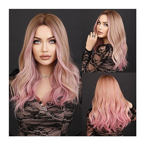 Perücke Damen Lange gewellte Ombre-Blondine-Perücke for Frauen, tägliches Cosplay, natürlicher Mittelteil, synthetische rosa Perücken, hitzebeständige Lolita-Perücke Perrücke Frauen von YANG11FAN