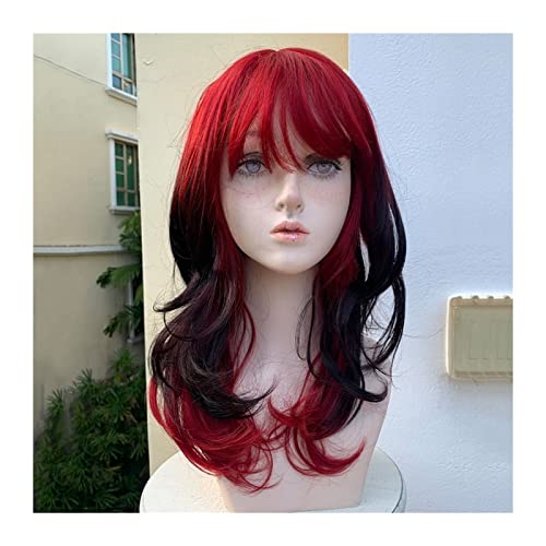 Perücke Damen Lockige Perücke, lange, gewellte, synthetische Perücke mit Pony, roter Verlauf, schwarz, Lolita, Cosplay-Perücke, natürliche, hitzebeständige Perücke for das tägliche Party-Kostüm, Hallo von YANG11FAN