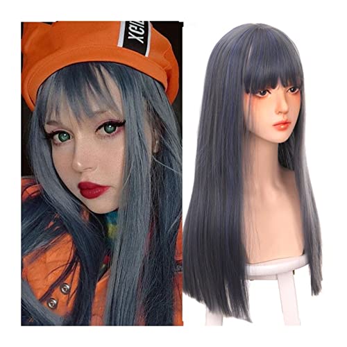 Perücke Damen Synthetische Perücke mit langem glattem Haar und Pony, dunkelgraue gemischte blaue gerade Perücke for Frauen und Mädchen, natürlich aussehende tägliche Party-Cosplay-Perücke Perrücke Fr von YANG11FAN