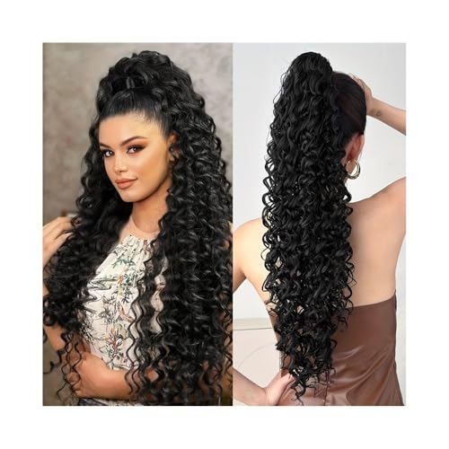 Tief gelockte Pferdeschwanz-Haarverlängerung mit Kordelzug for Frauen, 22 Zoll federnde, gelockte Kunstfaser-Pferdeschwanz-Haarteil for Anklipsen(1B) von YANG11FAN