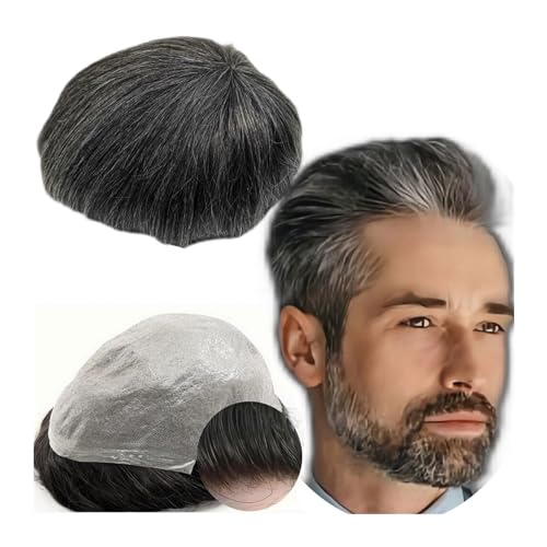 Männer Toupet 0,04 PU-Haut-Poly-Prothesen-Toupet for Männer, Yanahair-Glatthaar-Ersatzsystem, 100% europäische Echthaar-Haarteile Haarteil für Männer(Color:Black and grey) von YANGKUI518