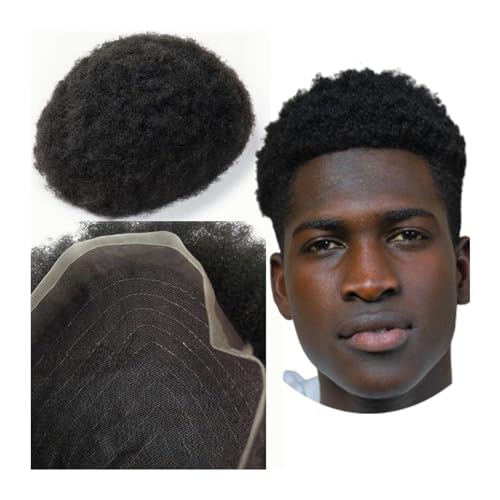 Männer Toupet #1 Tiefschwarzes Afro-Toupet for Männer, 8 x 10 Haarteile, Haarteil-Ersatz for Männer, 100% europäisches Echthaar-Spitzensystem Haarteil für Männer von YANGKUI518