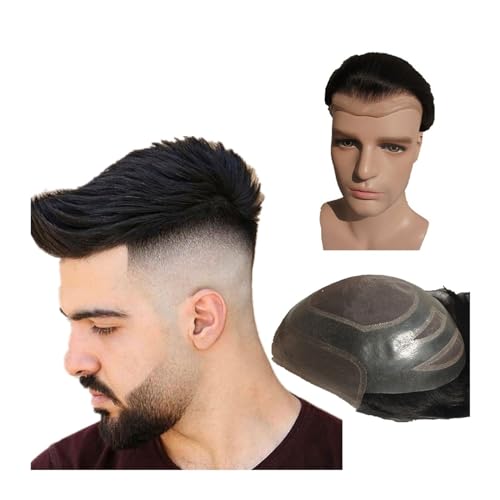 Männer Toupet 100% Echthaar-Toupet for Männer, Haarprothese, Herren, Schweizer Spitzenfront, mit PU rundherum, Haarersatzsystem Haarteil für Männer(Color:Jet black) von YANGKUI518