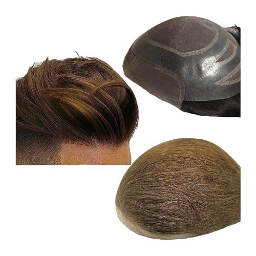 Männer Toupet 100% Echthaar-Toupet for Männer, Haarprothese, Herren, Schweizer Spitzenfront, mit PU rundherum, Haarersatzsystem Haarteil für Männer(Color:Light brown) von YANGKUI518