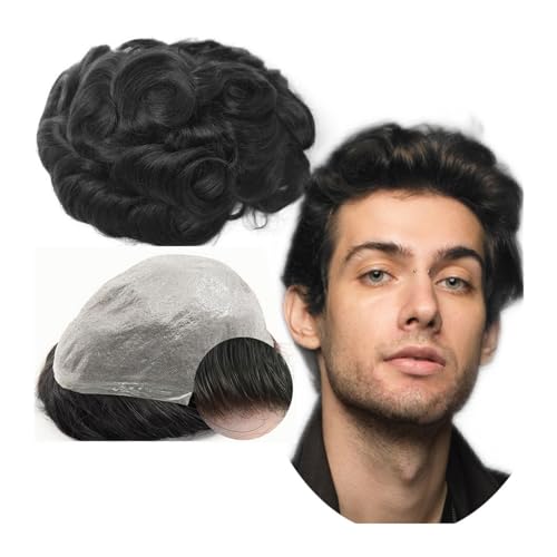 Männer Toupet 100% europäisches Echthaar-Toupet for Männer, 8 x 10 gewellte Stücke, Ersatz-Haarteil for Herren, PU-Hautsystem Haarteil für Männer(Color:Jet Black) von YANGKUI518