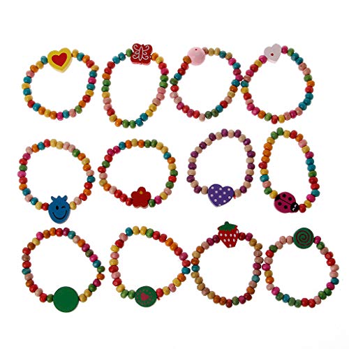 YANGLY Armband Lucky Stretch-Armbänder, 12 Stück, Bunte Holzarmbänder, Strand-Surfer-Armband, Schmuck, Geschenk für kleine Mädchen, Kinder, Frauen von YANGLY