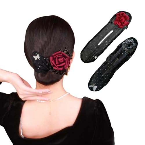 YANGSHINE 2 elegante Rosenhaar-Roller, modisch, handbestickt, Blumen, Dutt, für Damen und Mädchen (rote Rose + Kamelie) von YANGSHINE