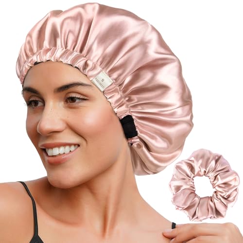YANIBEST Doppelschichtige Satinhaube Seidenhaube zum Schlafen Verstellbare Haube für Frauen mit lockigem natürlichem Haar von YANIBEST