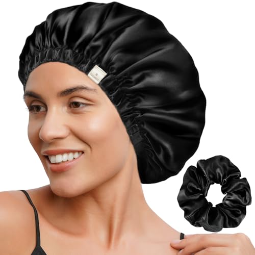 YANIBEST Doppelschichtige Satinhaube Seidenhaube zum Schlafen Verstellbare Haube für Frauen mit lockigem natürlichem Haar von YANIBEST