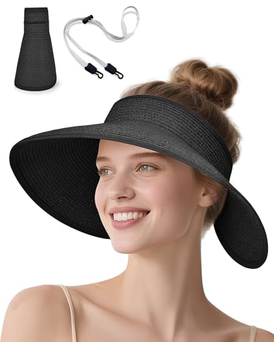 YANIKY Damen Sonnenhut Sun Visor für Damen breite Krempe UV-Schutz Strandhut Faltbar Sommerhut UPF 50+ Strohhut mit Breite Krempe von YANIKY