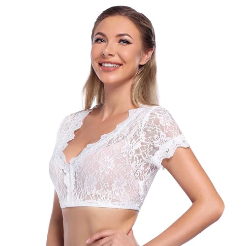 YANINEE Dirndlbluse Damen Spitze, Dirndl Bluse Kurzarm, Eleganten V-Ausschnitt von YANINEE