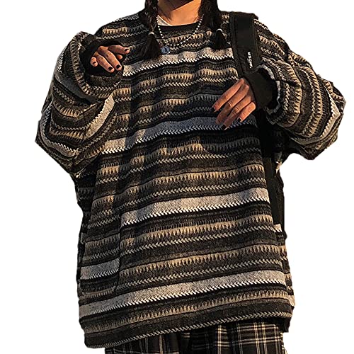 YANOOLH Damen Harajuku Gestreift Pullover Oversize Plus Size Retro Strick Sweatshirt Langarm Tops, schwarz, XX-Large von YANOOLH