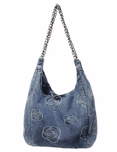 YANPLS Denim Hobo Tragetasche für Damen, Jean, lässige Schultertasche mit Blumenmuster, Kettenriemen, Blau, Blau YANPLS Denim Hobo Tragetasche für Damen, Jean, lässige Schultertasche mit Blumenmuster, Kettenriemen, Blau, Blau von YANPLS