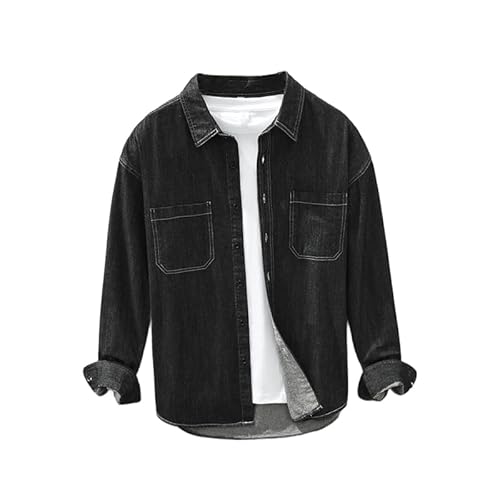 YANQSHM Button-Down Freizeithemden, Herren Jeanshemd Langarm Cowboy Cut Western Tops Einfarbig Lässig Button Down Jeanshemden mit Brusttasche Schwarz 3XL von YANQSHM